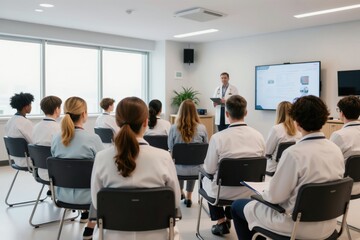 Fototapeta premium Doctor gives presentation to medical staff in modern room. Attendees watch screen, learn about healthcare innovation. Professionals collaborate, train, discuss medicine.