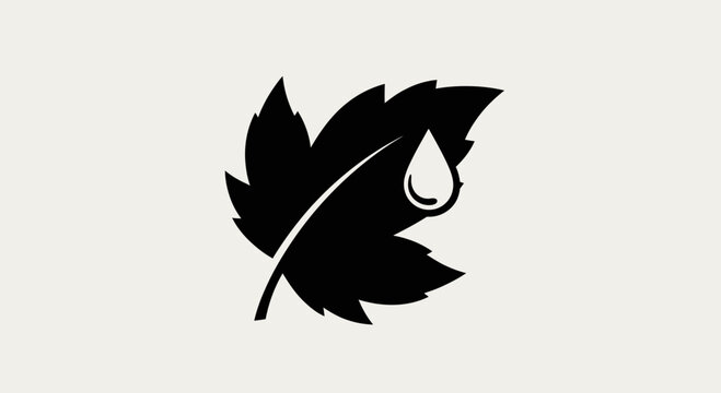 Black Leaf With Water Droplet Icon Symbol.