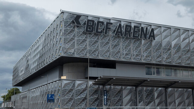 BCF Arena, venue of the 2026 IIHF Ice Hockey World Championship detail of the south entrance facade on May 13, 2026 in Fribourg, Switzerland. 