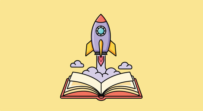 Open book with a colorful cartoon rocket launching into the sky symbolizing imagination and learning
