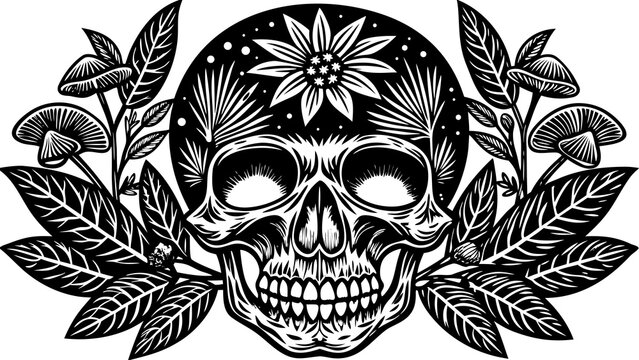 Skull rests among ornate botanical leaves and floral patterns in a detailed monochromatic design.