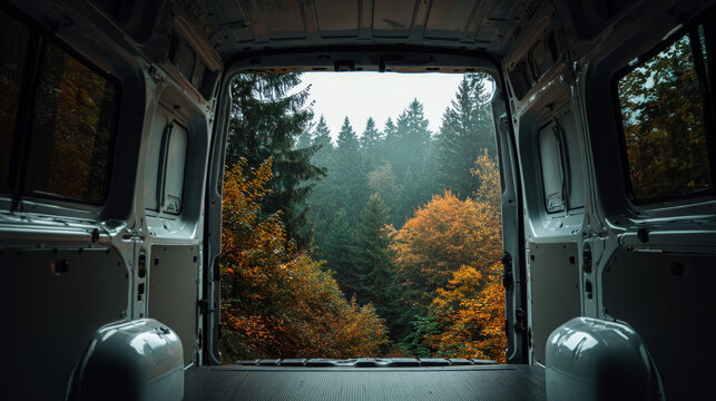 View from inside a van looking out onto a vibrant autumn forest with colorful foliage and tall evergreen trees. The open van doors frame the scenic landscape perfectly