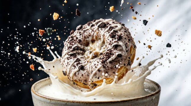 Glazed Donut Splashing into a Bowl of Milk with Cookie Crumbles