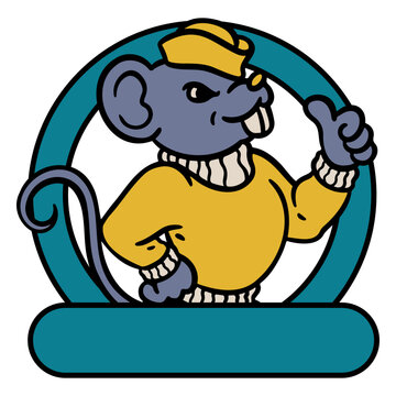 Blue and yellow rat with a hat and a thumbs up