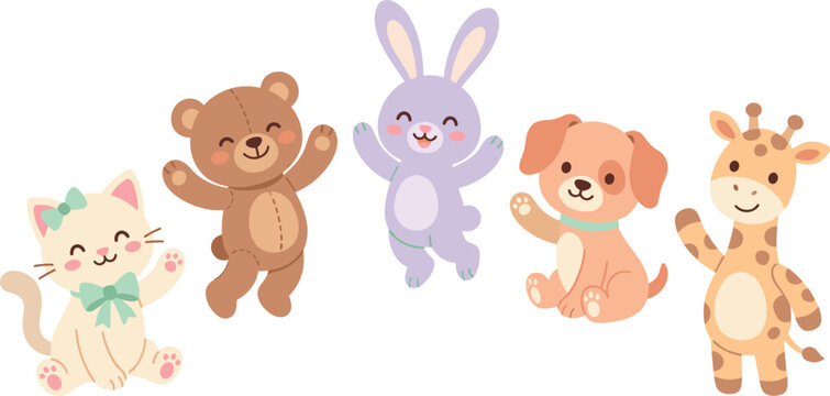 Cute Baby Animal Plush Toy Illustration Collection Featuring Happy White Cat Brown Teddy Bear Purple Bunny Puppy Dog and Giraffe for Nursery Room Stickers