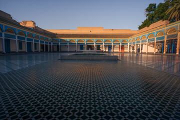 Fototapeta premium Ancient Moroccan palace architecture with traditional courtyard in Marrakech, Morocco.
