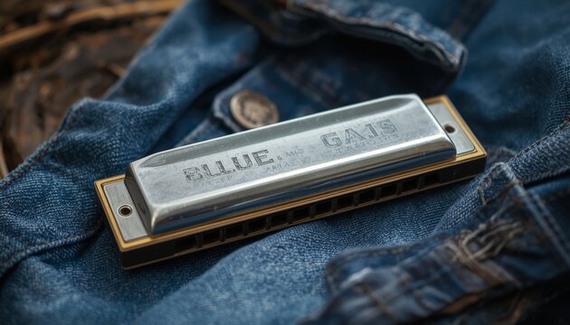 This is a close up of a harmonica sitting on top of a pair of jeans