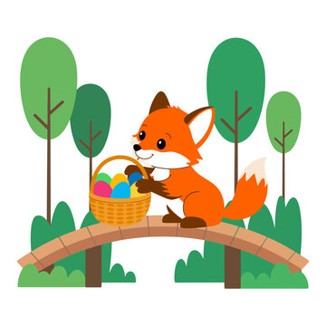 Cute orange fox carrying a basket of colorful eggs across a small forest bridge