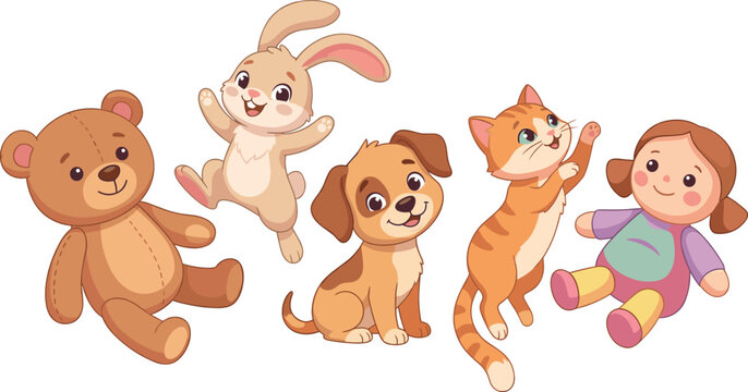 Cute Kids Toy and Pet Character Collection Featuring Adorable Teddy Bear Jumping Rabbit Puppy Dog Playful Cat and Rag Doll for Nursery Graphic Designs
