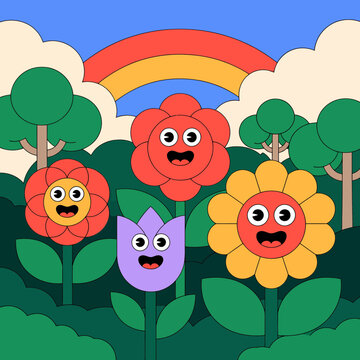 Whimsical cartoon landscape featuring happy talking flowers and a colorful rainbow