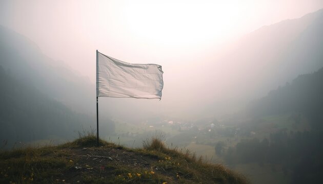 There is a white flag that is on top of a hill
