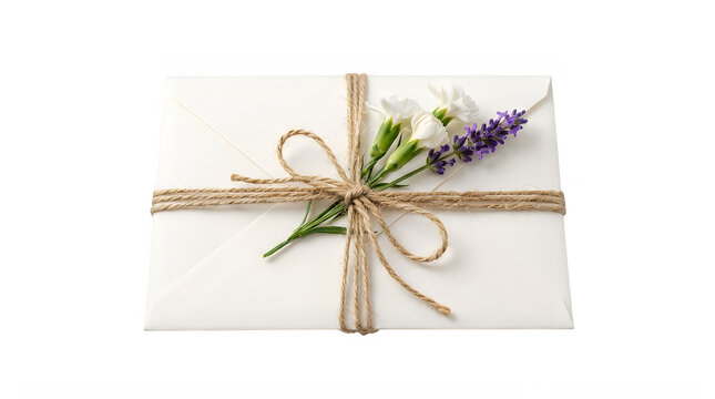 Elegant white envelope tied with twine and adorned with fresh flowers isolated on transparent background transparent background