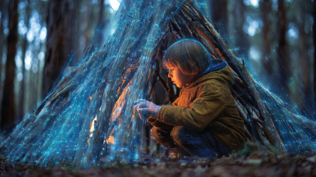 Curious child explores a glowing digital campfire inside a handmade wooden teepee in a mystical forest. Futuristic technology blends with nature in this imaginative scene