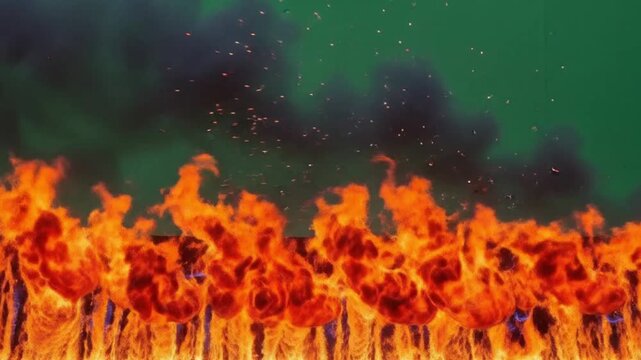 Intense wall of fire with thick black smoke rising against a green screen background for visual effects and compositing