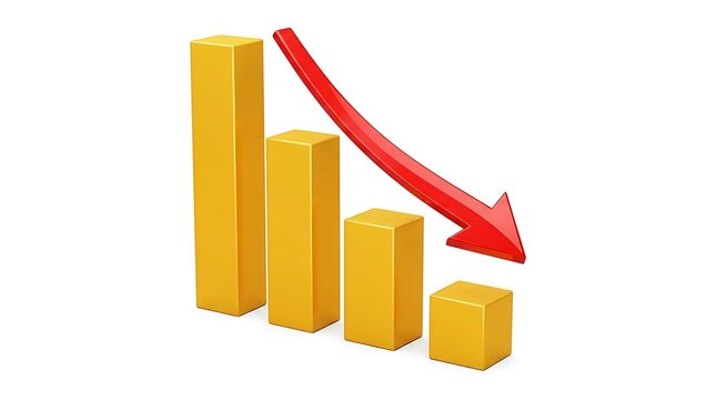 Declining bar graph with red arrow illustrative 3d render on white background