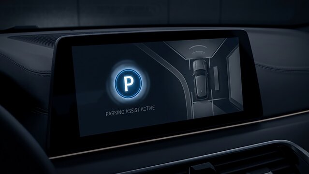 Modern Car Infotainment Screen with Parking Assist Active