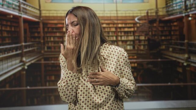 Woman middleaged hispanic covering mouth with hand while touching chest, wearing patterned beige blouse, standing before bookshelves in a library building; anxiety nausea.