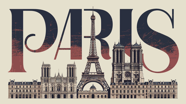 Elegant paris cityscape illustration with eiffel tower and notre dame cathedral in stylish typography