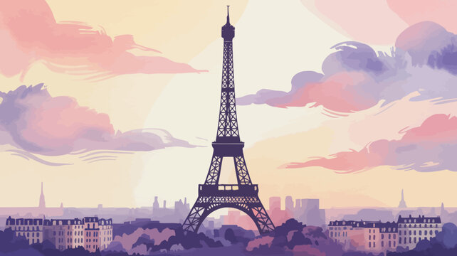 Eiffel tower at sunset with colorful sky and cityscape background