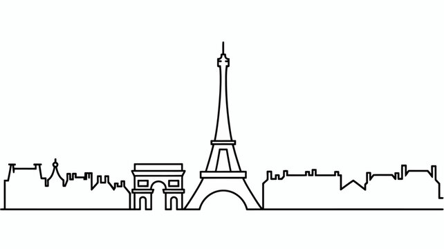 Elegant line drawing illustration of paris skyline with eiffel tower and arc de triomphe