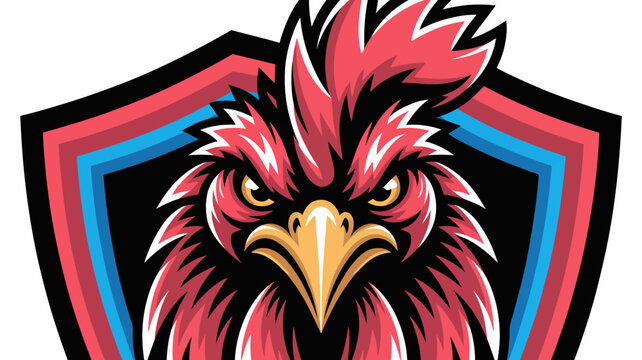 Bold rooster head illustration with dynamic feather design in vibrant colors