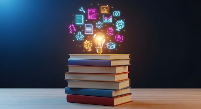 Stack of books with glowing icons representing knowledge and innovation