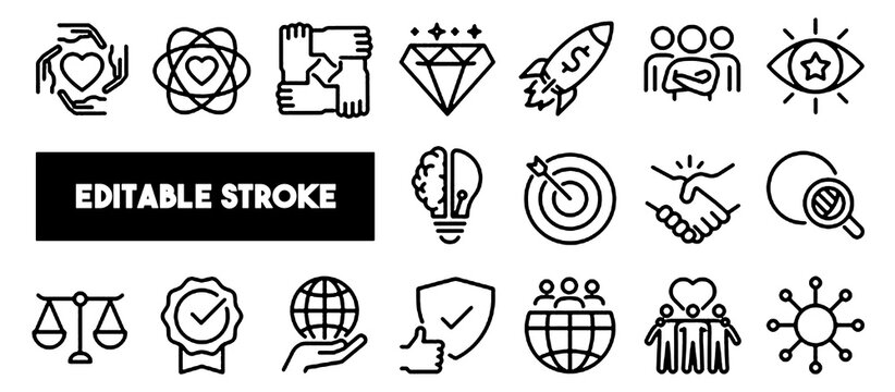 Business core values, mission and vision editable stroke line icon set. Corporate strategy, integrity, company culture, ethics, quality and success outline vector icons