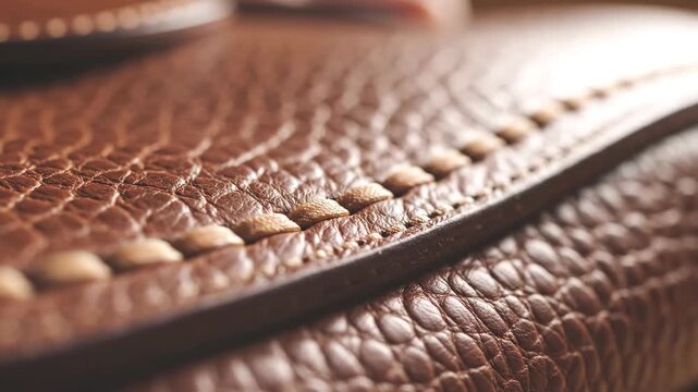 Extreme macro shot of hand feeling textured cognac brown pebbled leather with visible saddle stitching