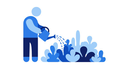 Gardener watering plants with a watering can, blue flat illustration © Lucianatakahashi