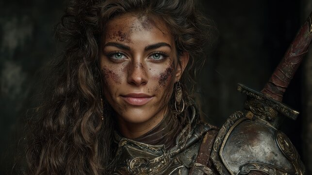 Fantasy wallpaper. A detailed, closeup portrait of a female warrior. She has a fierce expression with piercing blue eyes and long, wavy brown hair. Her face is adorned with dark, smeared makeup.