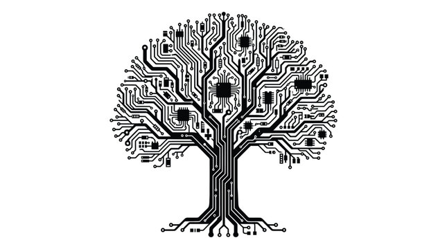 circuit board tree black lines on white background