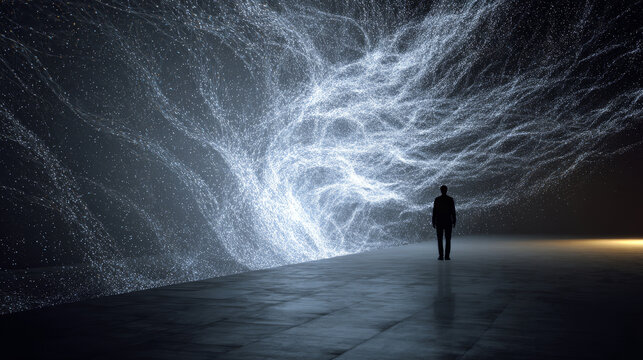 A solitary figure stands before a mesmerizing digital wave of glowing particles, evoking a sense of awe and futuristic wonder. The scene blends technology and imagination seamlessly