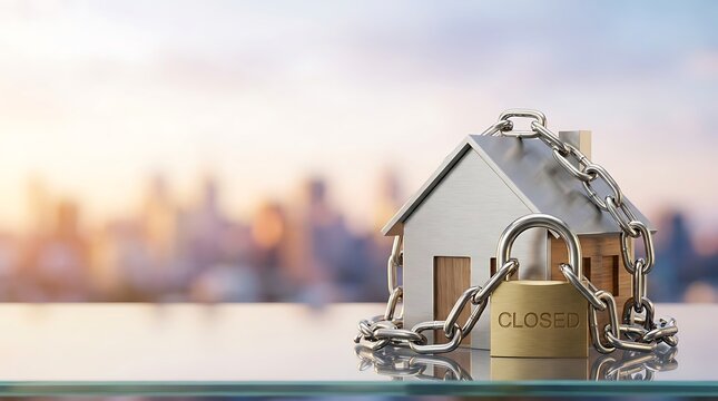 House model wrapped in chain with closed padlock. economics of real estate market