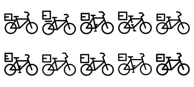 Black line art delivery bicycle fleet vector illustration icons. Collection of Delivery web outline  icon set.