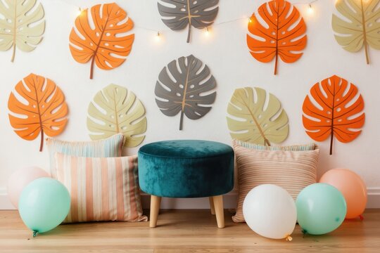Childrens party decor with tropical leaves wall art. Teal ottoman, pillows, balloons create festive photo studio background. Bright tropical theme celebration setting.