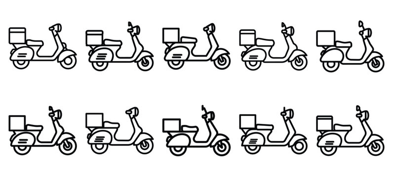Black line art delivery scooter fleet vector illustration icons. Collection of Delivery web outline  icon set.