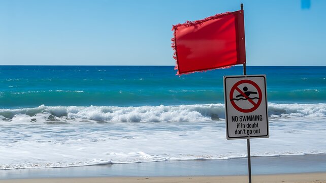 No Swimming, Beach Warning Sign, Red Flag, Ocean Waves, Safety Alert