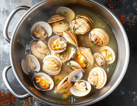 Steamer clams boiling in a large pot, top view. AI