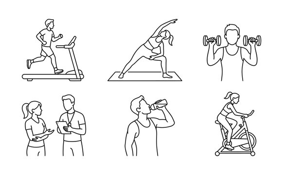 Fitness and Gym Exercise Line Art Icon Set for Workout Training
