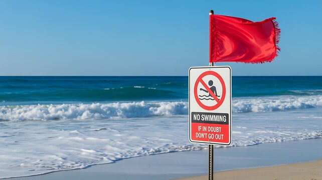 No Swimming, Beach Warning Sign, Red Flag, Ocean Waves, Safety Alert