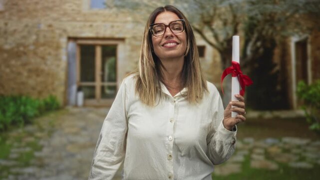 Woman holding diploma with red ribbon, smiling and raising a scroll in front of stone building entrance, casual shirt visible; achievement pride.