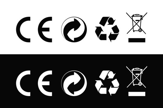 CE Mark, Recycling Symbol, Green Dot Symbol and WEEE Symbol (Wheelie Bin) vector SVG