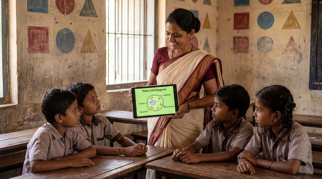 Indian teacher in traditional sari using a tablet to teach a biology lesson about plant cells to children in a rural classroom in Maharashtra