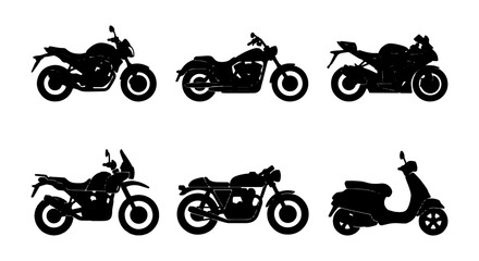 Obraz premium Motorcycle Silhouettes Collection: Six Diverse Bike Styles, Vector Icons for Transport and Speed Themes