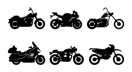 Motorcycle Silhouettes Collection: Six Diverse Bike Styles, Vector Icons for Transport and Adventure © ImageScape