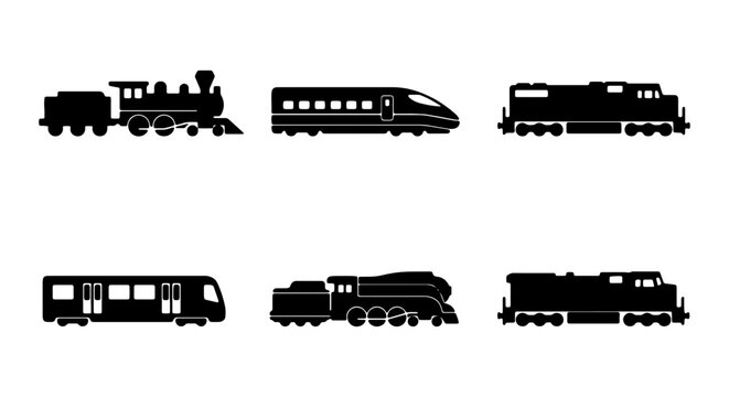 Diverse Train Silhouettes Collection, Vintage Steam Engine, Modern Bullet Train, Freight Locomotives, Railway Transport Icons
