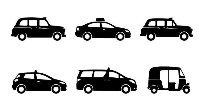 Black Taxi Icons Collection: London Cab, Sedan, Minivan, Auto Rickshaw Vector Set