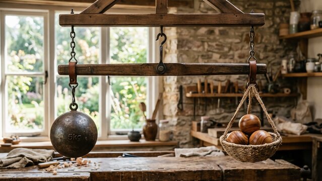 Vintage Wooden Scale Balancing 5kg Weight and Wooden Spheres