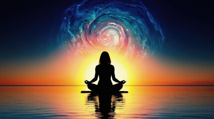 Fototapeta premium Person sits in lotus pose on calm ocean surface at sunset, meditating under cosmic nebula sky. Silhouette finds inner peace, spiritual growth and connection with universe during serene practice.