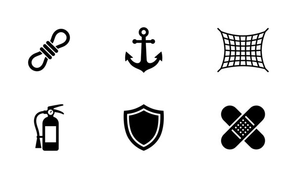 6 Nautical Safety silhouette icons anchor rope fire extinguisher shield, solid black style, maritime equipment